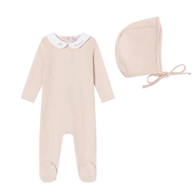 Mini Label Metallic Collared Footie & Bonnet (g)