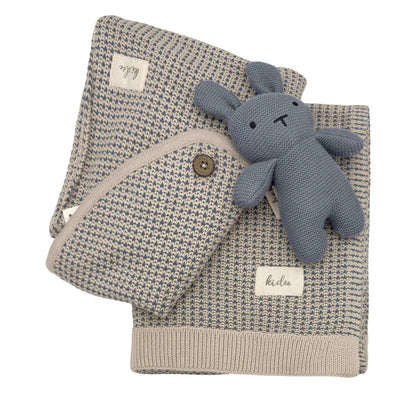 Kidu 100% Organic Cotton Knitted Blue Baby Blanket & Bunny Set