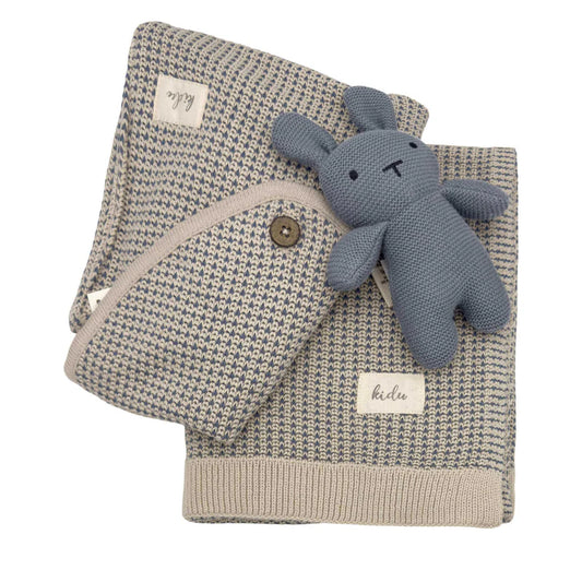 Kidu 100% Organic Cotton Knitted Blue Baby Blanket & Bunny Set