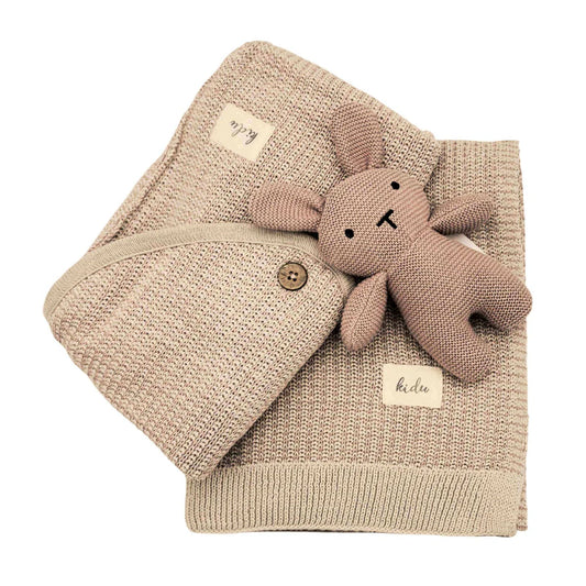 Kidu 100% Organic Cotton Knitted Pink Baby Blanket & Bunny Set
