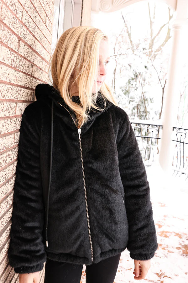 Mantel Faux Fur Gathered Hooded Jacket