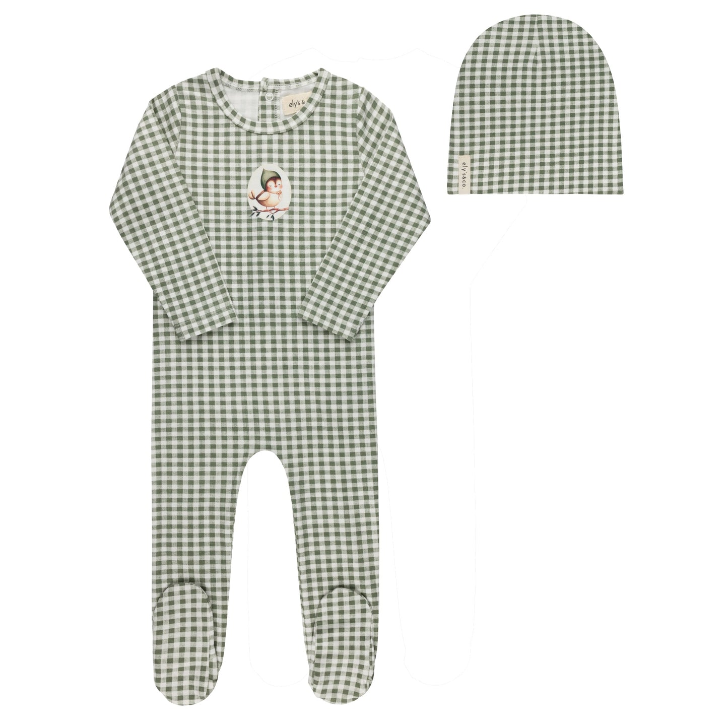 Ely's & Co. Cotton Owl Gingham Footie + Beanie