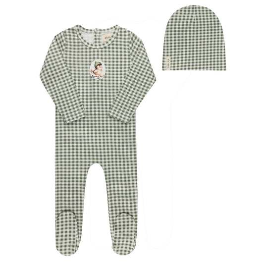 Ely's & Co. Cotton Owl Gingham Footie + Beanie