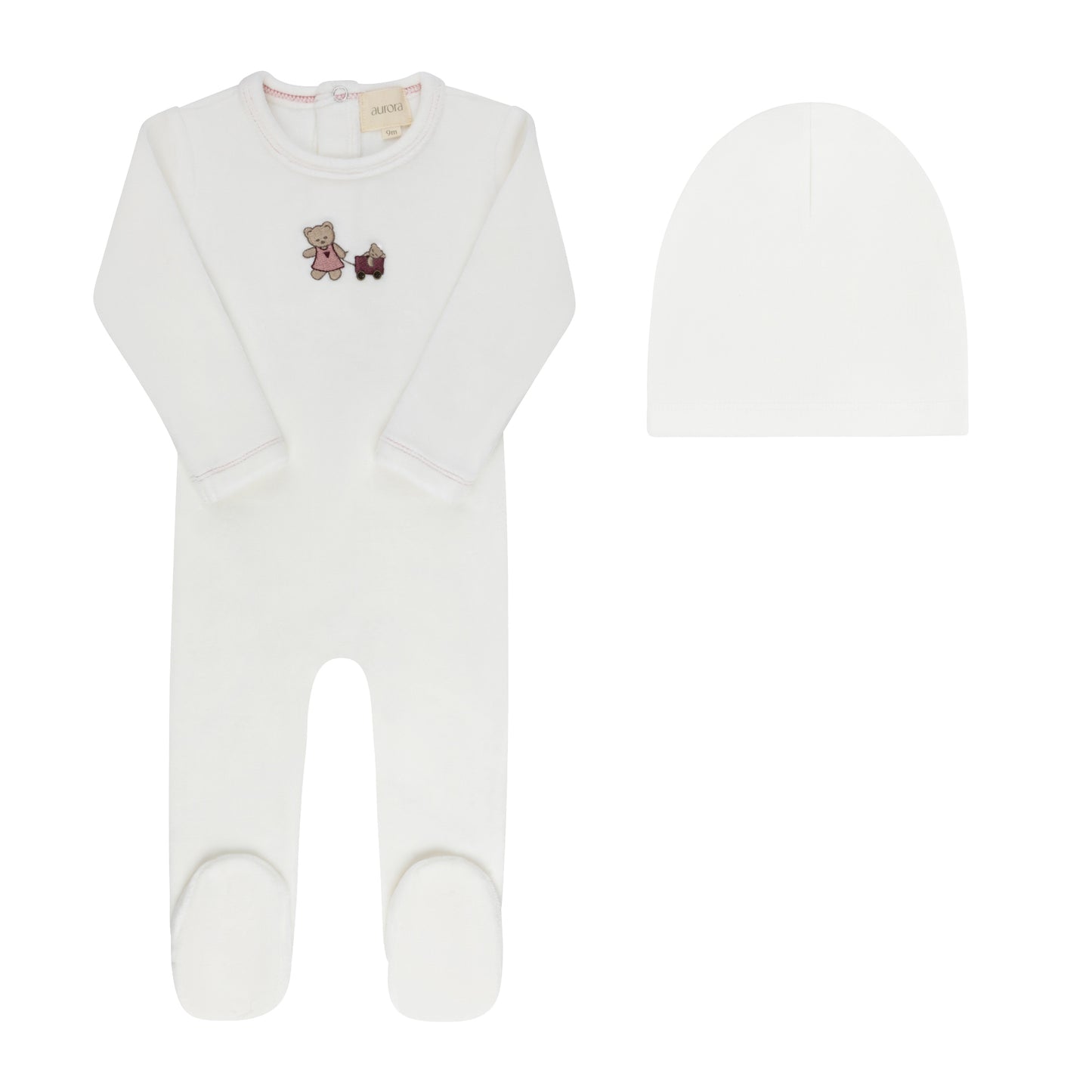 Aurora Embroidered Bear Footie & Beanie (g)