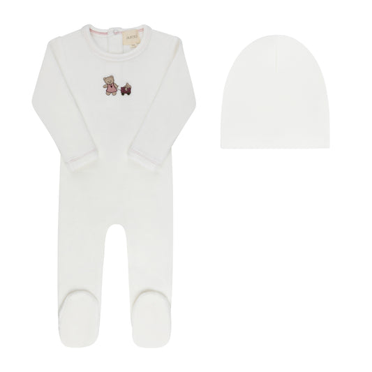 Aurora Embroidered Bear Footie & Beanie (g)