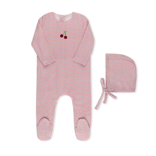 Tricot Checked Cherry Footie & Hat