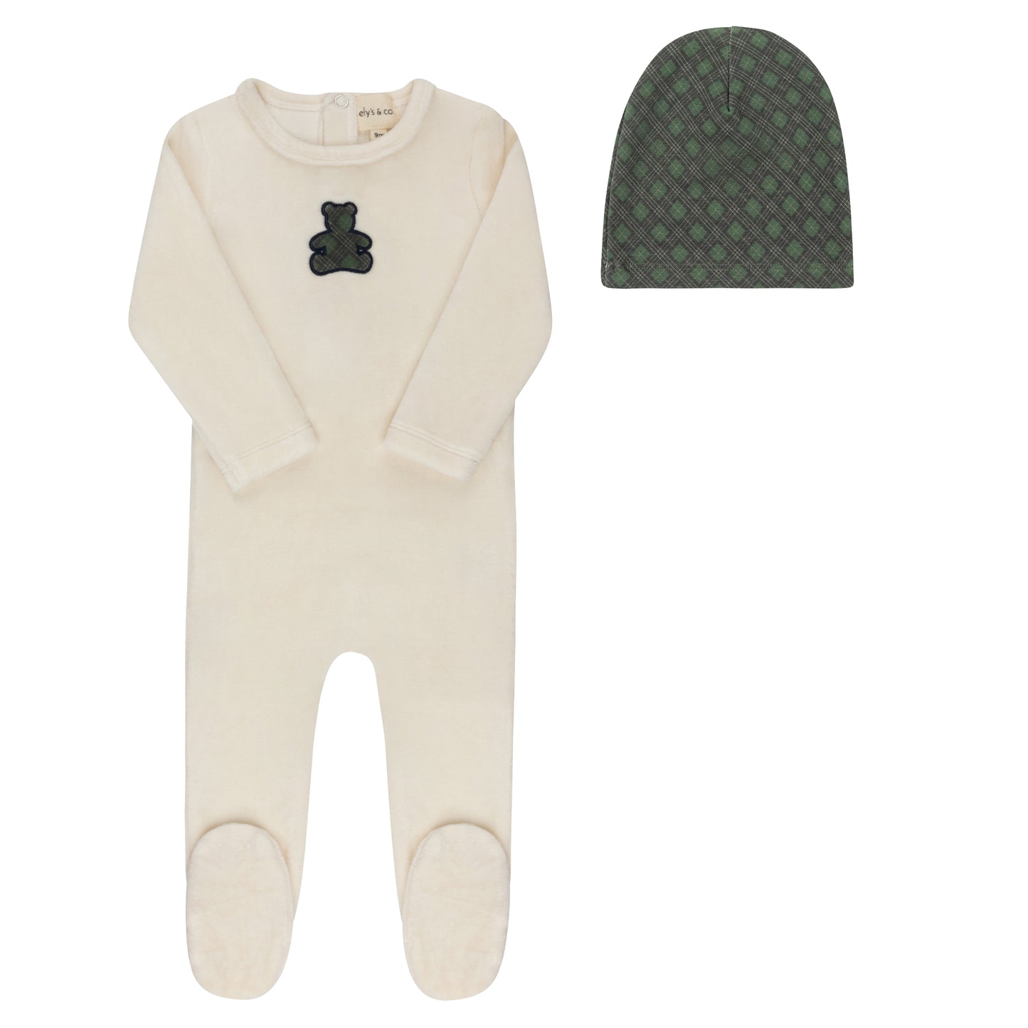 Ely's & Co Velour Plaid Bear Footie & Beanie