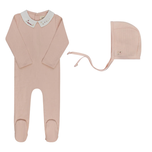 Floral Star Embroider Collar Girl Footie & Bonnet