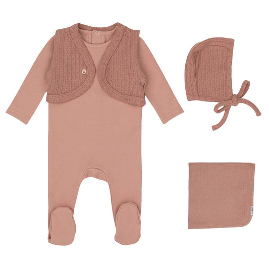 Mini Label Knit Vest Footie, Hat & Blanket