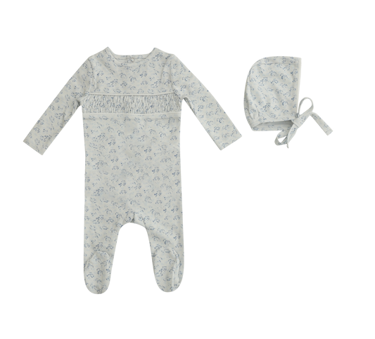 Mini Label Smocked Floral Footie & Bonnet Boy