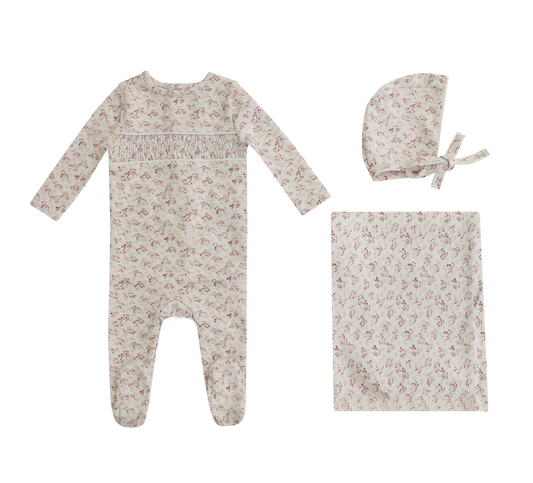 Mini Label Smocked Floral Footie & Bonnet Girl