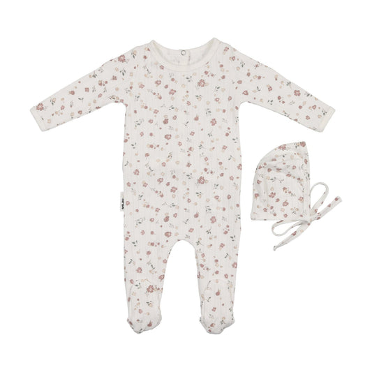 Maniere Pointelle Petals Footie & Hat (6M, Ivory)